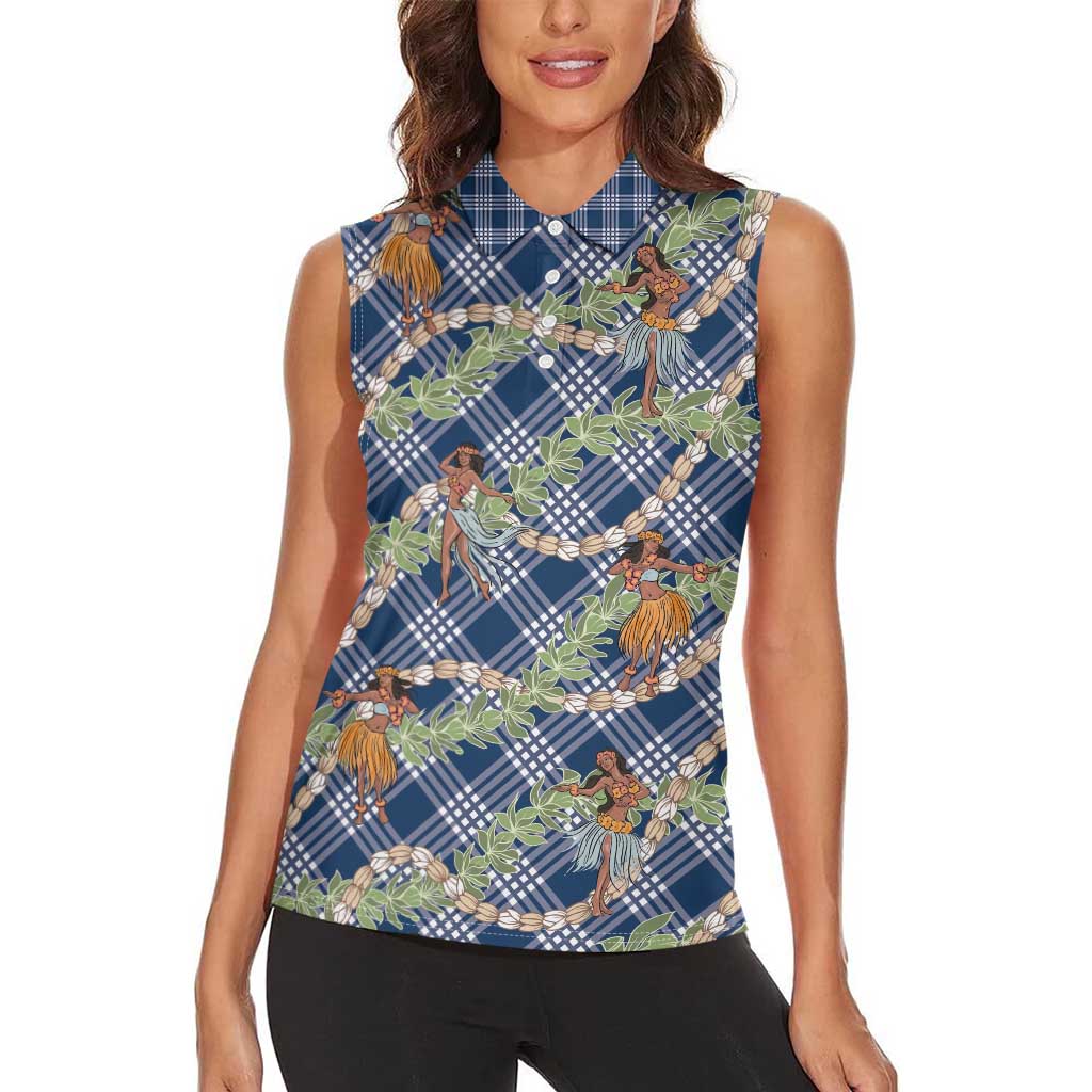 Navy Blue Palaka Hula Girls Seamless Hawaii Aloha Women Sleeveless Polo Shirt LT7 - Polynesian Pride