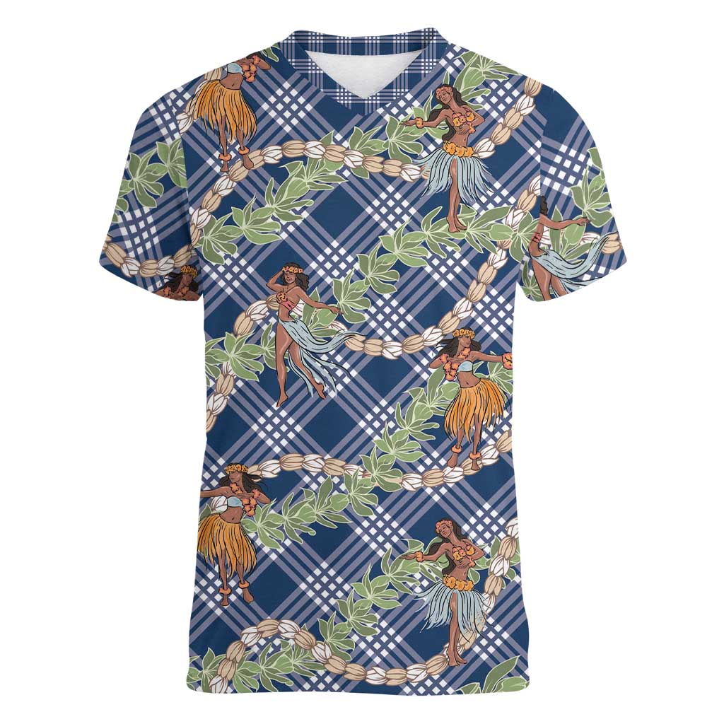 Navy Blue Palaka Hula Girls Seamless Hawaii Aloha Women V-Neck T-Shirt LT7 Female Navy Blue - Polynesian Pride