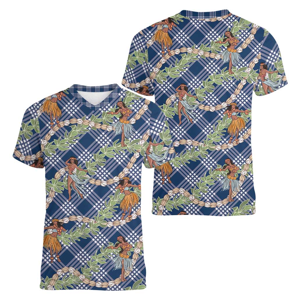 Navy Blue Palaka Hula Girls Seamless Hawaii Aloha Women V-Neck T-Shirt LT7 - Polynesian Pride