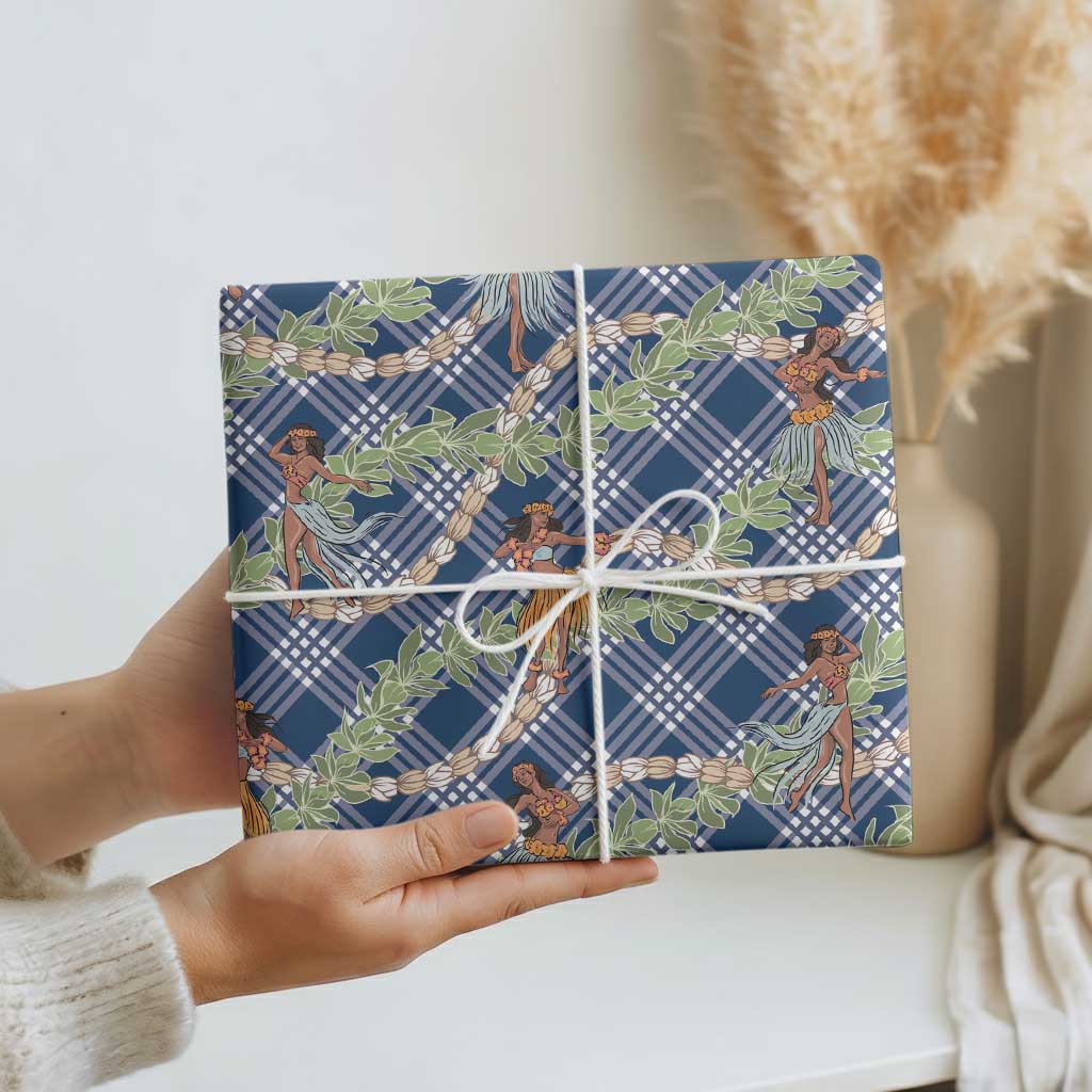 Navy Blue Palaka Hula Girls Seamless Hawaii Aloha Wrapping Paper