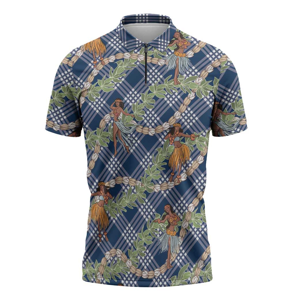 Navy Blue Palaka Hula Girls Seamless Hawaii Aloha Zipper Polo Shirt - Polynesian Pride