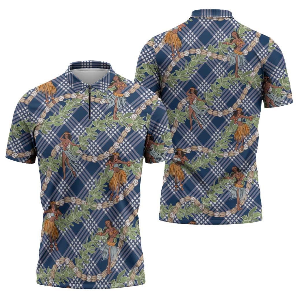Navy Blue Palaka Hula Girls Seamless Hawaii Aloha Zipper Polo Shirt - Polynesian Pride