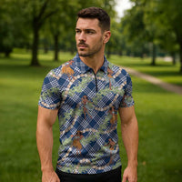 Navy Blue Palaka Hula Girls Seamless Hawaii Aloha Zipper Polo Shirt - Polynesian Pride