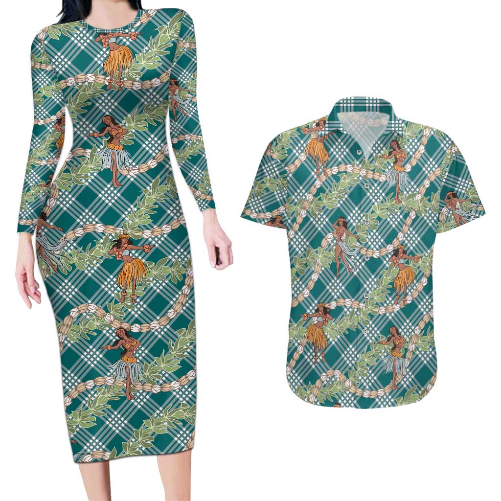 Teal Palaka Hula Girls Seamless Hawaii Aloha Couples Matching Long Sleeve Bodycon Dress and Hawaiian Shirt LT7 Teal - Polynesian Pride