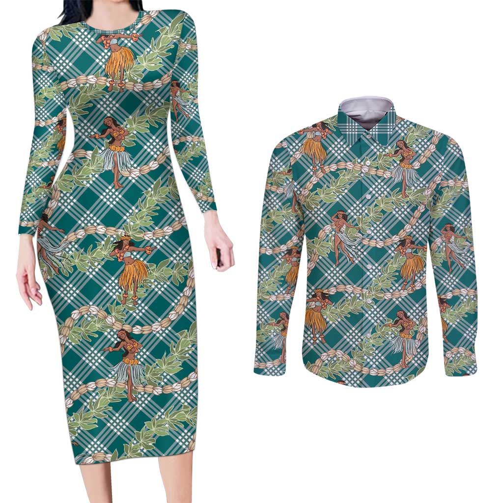 Teal Palaka Hula Girls Seamless Hawaii Aloha Couples Matching Long Sleeve Bodycon Dress and Long Sleeve Button Shirt LT7 Teal - Polynesian Pride