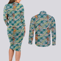 Teal Palaka Hula Girls Seamless Hawaii Aloha Couples Matching Long Sleeve Bodycon Dress and Long Sleeve Button Shirt LT7 - Polynesian Pride