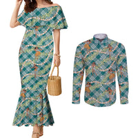 Teal Palaka Hula Girls Seamless Hawaii Aloha Couples Matching Mermaid Dress and Long Sleeve Button Shirt LT7 Teal - Polynesian Pride