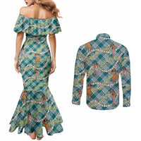 Teal Palaka Hula Girls Seamless Hawaii Aloha Couples Matching Mermaid Dress and Long Sleeve Button Shirt LT7 - Polynesian Pride