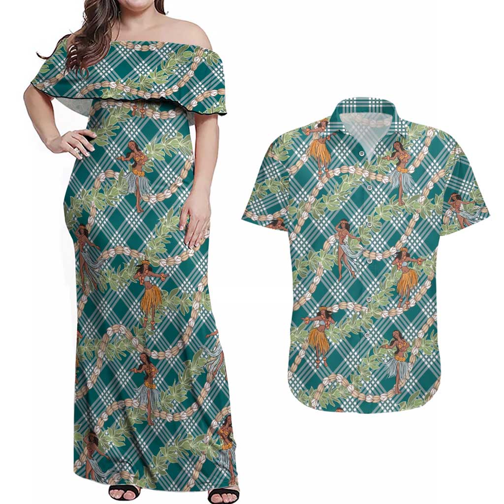 Teal Palaka Hula Girls Seamless Hawaii Aloha Couples Matching Off Shoulder Maxi Dress and Hawaiian Shirt LT7 Teal - Polynesian Pride