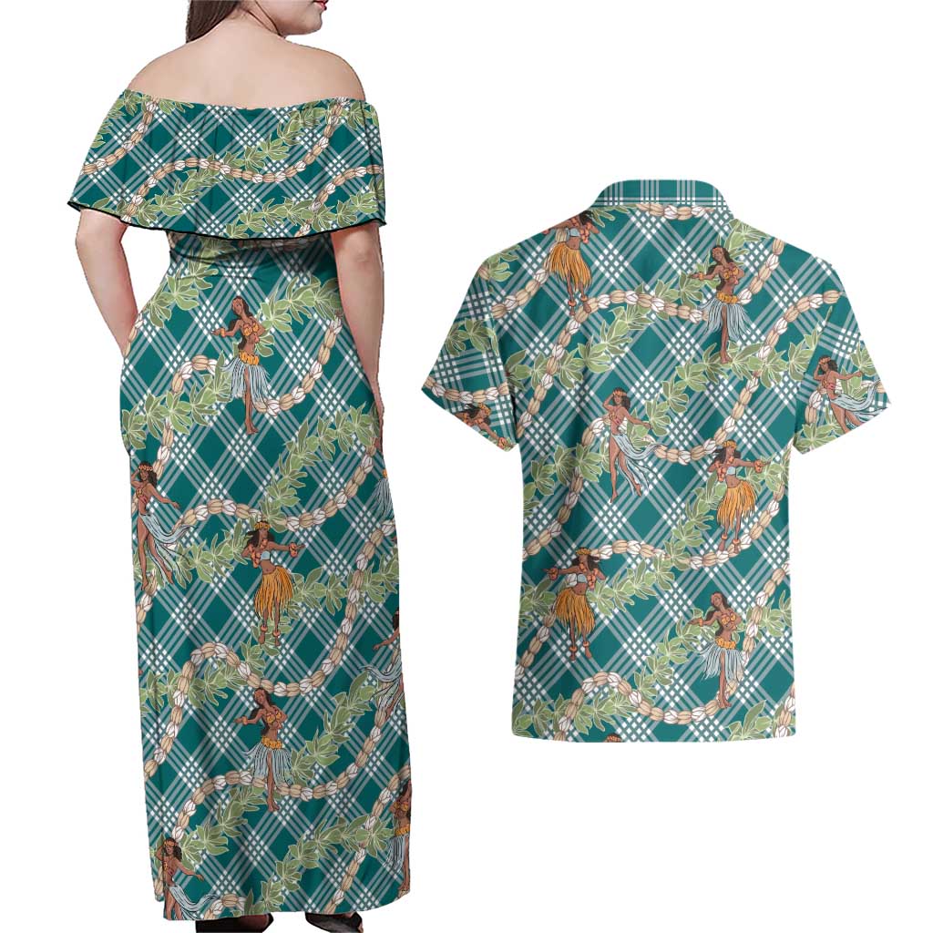 Teal Palaka Hula Girls Seamless Hawaii Aloha Couples Matching Off Shoulder Maxi Dress and Hawaiian Shirt LT7 - Polynesian Pride