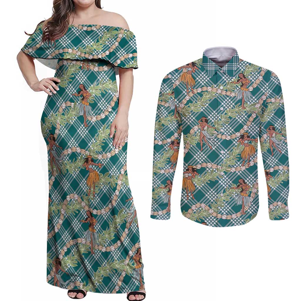 Teal Palaka Hula Girls Seamless Hawaii Aloha Couples Matching Off Shoulder Maxi Dress and Long Sleeve Button Shirt LT7 Teal - Polynesian Pride
