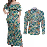 Teal Palaka Hula Girls Seamless Hawaii Aloha Couples Matching Off Shoulder Maxi Dress and Long Sleeve Button Shirt LT7 Teal - Polynesian Pride