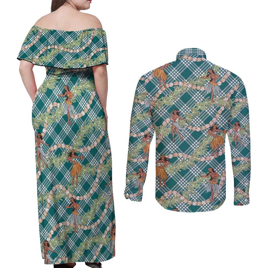Teal Palaka Hula Girls Seamless Hawaii Aloha Couples Matching Off Shoulder Maxi Dress and Long Sleeve Button Shirt LT7 - Polynesian Pride