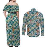 Teal Palaka Hula Girls Seamless Hawaii Aloha Couples Matching Off Shoulder Maxi Dress and Long Sleeve Button Shirt LT7 - Polynesian Pride