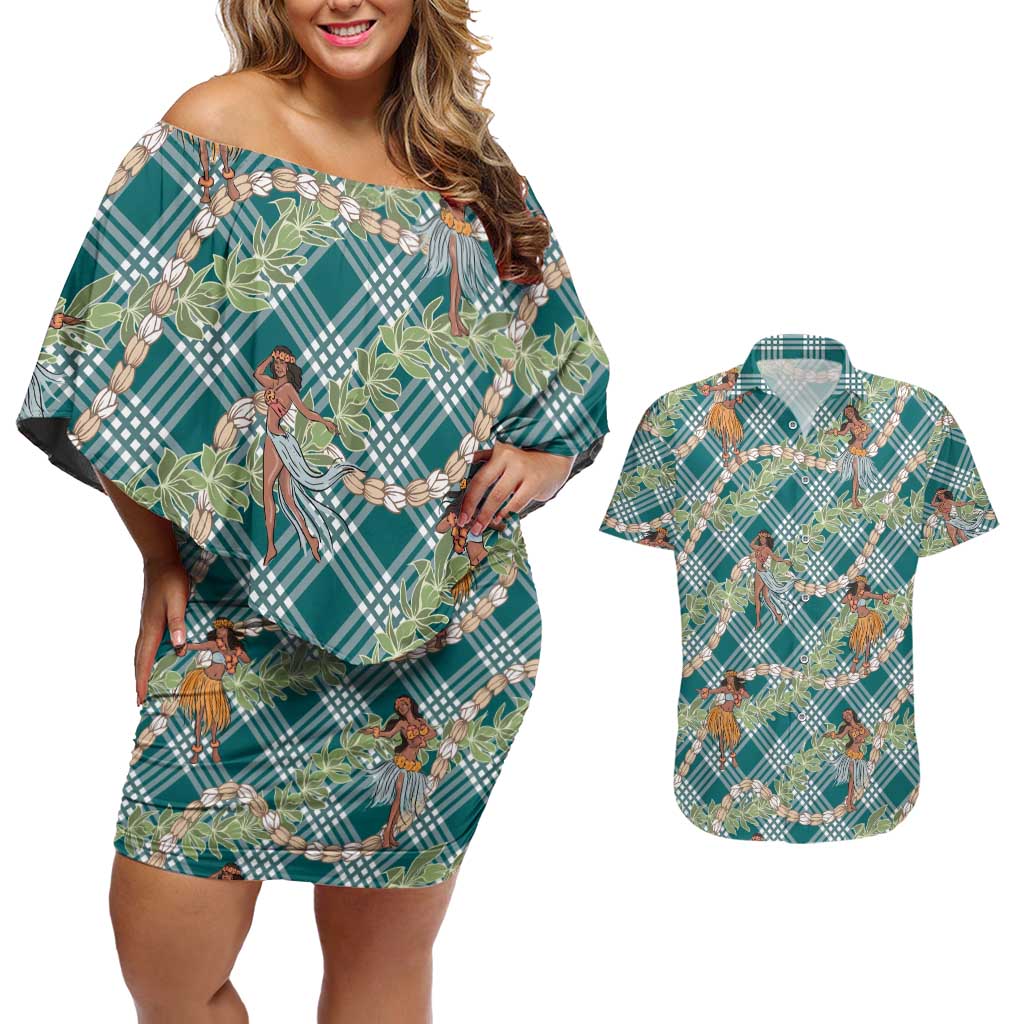 Teal Palaka Hula Girls Seamless Hawaii Aloha Couples Matching Off Shoulder Short Dress and Hawaiian Shirt LT7 Teal - Polynesian Pride