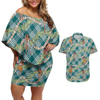 Teal Palaka Hula Girls Seamless Hawaii Aloha Couples Matching Off Shoulder Short Dress and Hawaiian Shirt LT7 Teal - Polynesian Pride