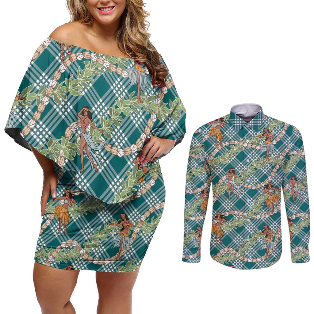 Teal Palaka Hula Girls Seamless Hawaii Aloha Couples Matching Off Shoulder Short Dress and Long Sleeve Button Shirt LT7 Teal - Polynesian Pride