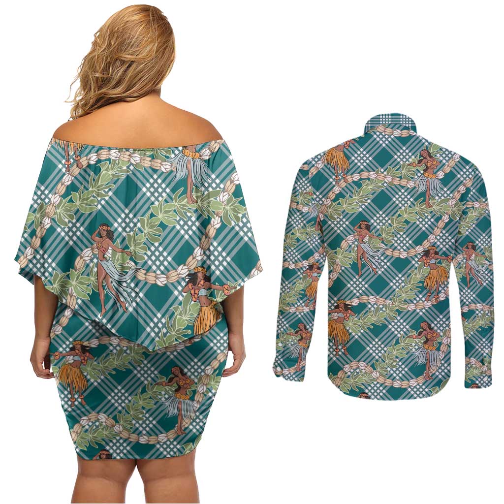 Teal Palaka Hula Girls Seamless Hawaii Aloha Couples Matching Off Shoulder Short Dress and Long Sleeve Button Shirt LT7 - Polynesian Pride