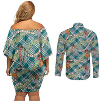 Teal Palaka Hula Girls Seamless Hawaii Aloha Couples Matching Off Shoulder Short Dress and Long Sleeve Button Shirt LT7 - Polynesian Pride