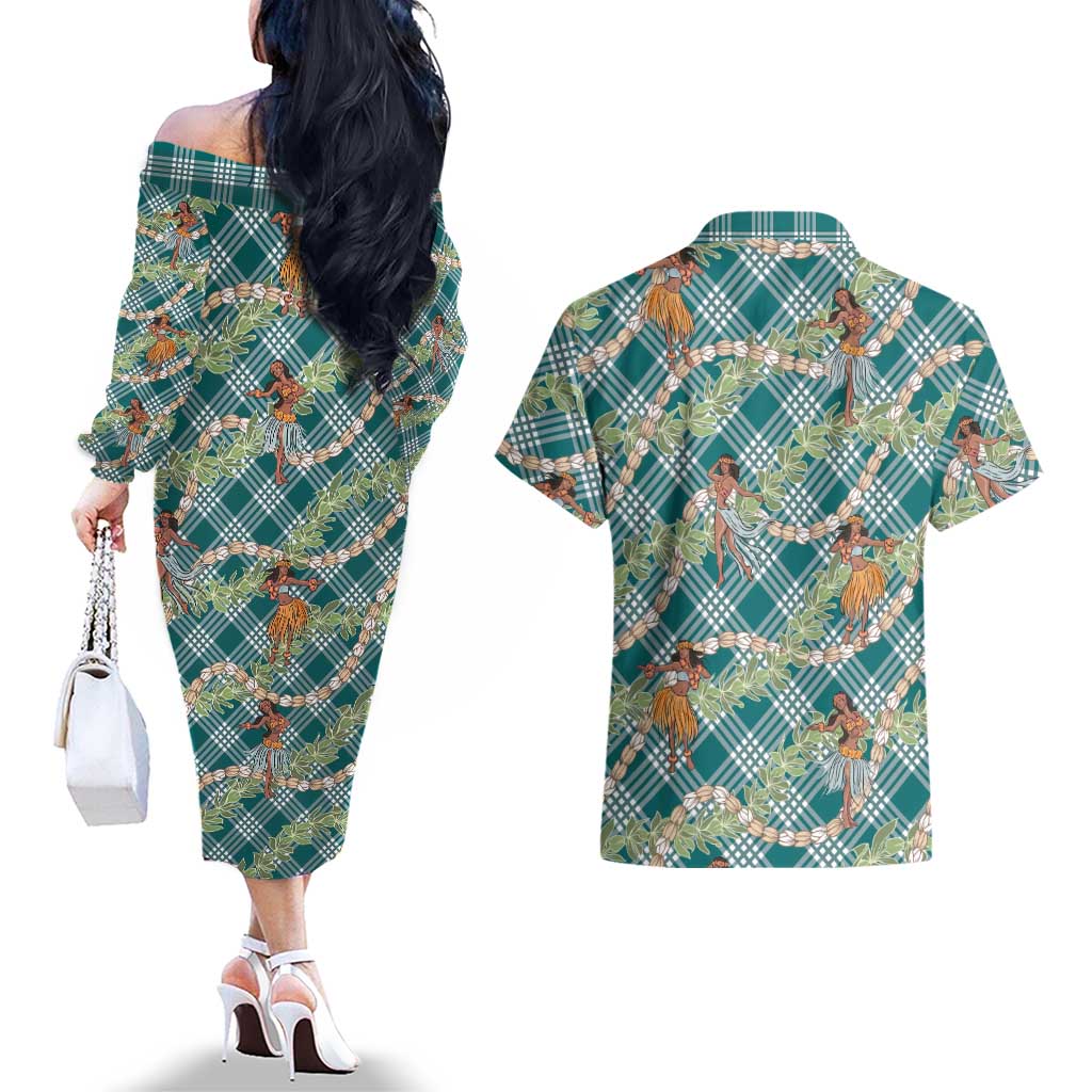 Teal Palaka Hula Girls Seamless Hawaii Aloha Couples Matching Off The Shoulder Long Sleeve Dress and Hawaiian Shirt LT7 - Polynesian Pride