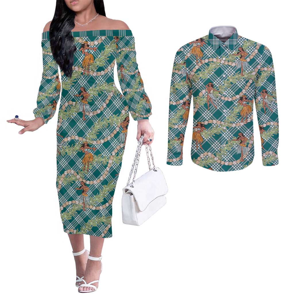 Teal Palaka Hula Girls Seamless Hawaii Aloha Couples Matching Off The Shoulder Long Sleeve Dress and Long Sleeve Button Shirt LT7 Teal - Polynesian Pride