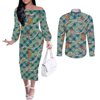 Teal Palaka Hula Girls Seamless Hawaii Aloha Couples Matching Off The Shoulder Long Sleeve Dress and Long Sleeve Button Shirt LT7 Teal - Polynesian Pride