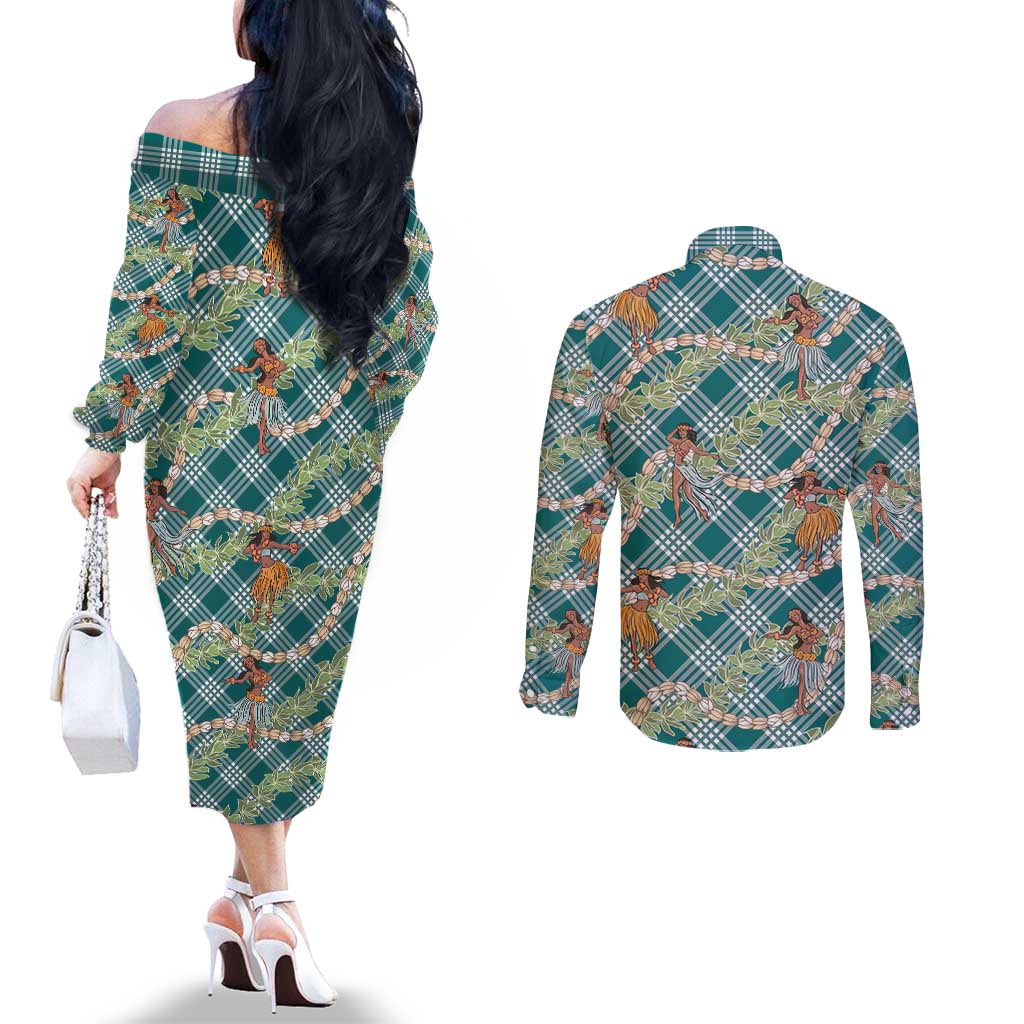 Teal Palaka Hula Girls Seamless Hawaii Aloha Couples Matching Off The Shoulder Long Sleeve Dress and Long Sleeve Button Shirt LT7 - Polynesian Pride