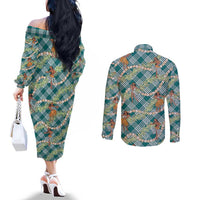 Teal Palaka Hula Girls Seamless Hawaii Aloha Couples Matching Off The Shoulder Long Sleeve Dress and Long Sleeve Button Shirt LT7 - Polynesian Pride