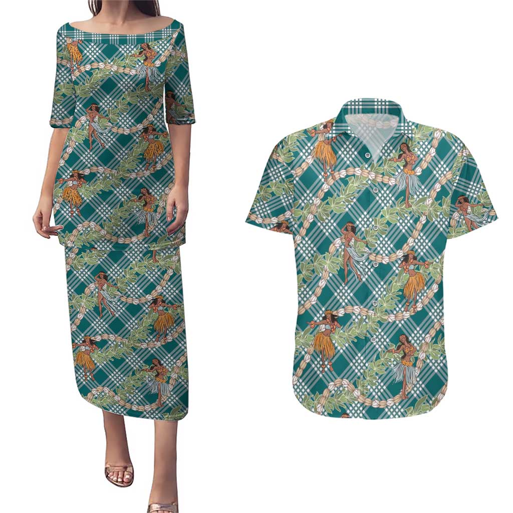 Teal Palaka Hula Girls Seamless Hawaii Aloha Couples Matching Puletasi and Hawaiian Shirt LT7 Teal - Polynesian Pride
