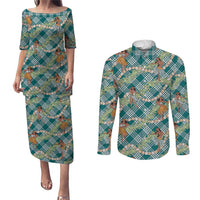 Teal Palaka Hula Girls Seamless Hawaii Aloha Couples Matching Puletasi and Long Sleeve Button Shirt - Polynesian Pride