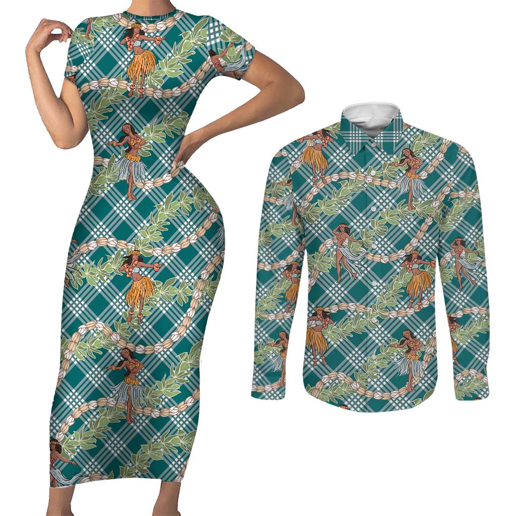 Teal Palaka Hula Girls Seamless Hawaii Aloha Couples Matching Short Sleeve Bodycon Dress and Long Sleeve Button Shirt LT7 Teal - Polynesian Pride
