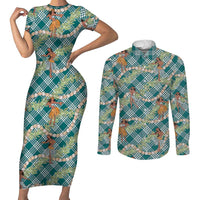 Teal Palaka Hula Girls Seamless Hawaii Aloha Couples Matching Short Sleeve Bodycon Dress and Long Sleeve Button Shirt LT7 Teal - Polynesian Pride