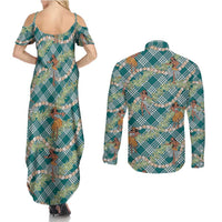 Teal Palaka Hula Girls Seamless Hawaii Aloha Couples Matching Summer Maxi Dress and Long Sleeve Button Shirt LT7 - Polynesian Pride