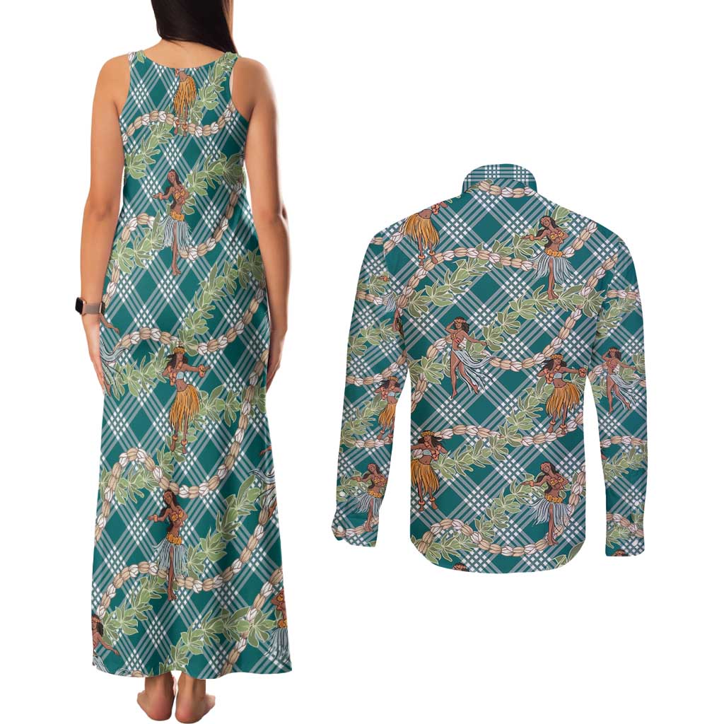 Teal Palaka Hula Girls Seamless Hawaii Aloha Couples Matching Tank Maxi Dress and Long Sleeve Button Shirt LT7 - Polynesian Pride