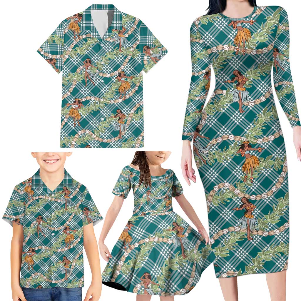Teal Palaka Hula Girls Seamless Hawaii Aloha Family Matching Long Sleeve Bodycon Dress and Hawaiian Shirt LT7 - Polynesian Pride