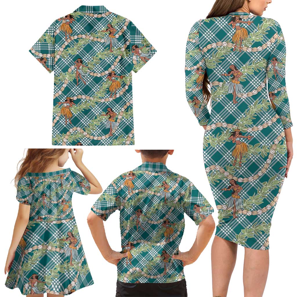 Teal Palaka Hula Girls Seamless Hawaii Aloha Family Matching Long Sleeve Bodycon Dress and Hawaiian Shirt LT7 - Polynesian Pride