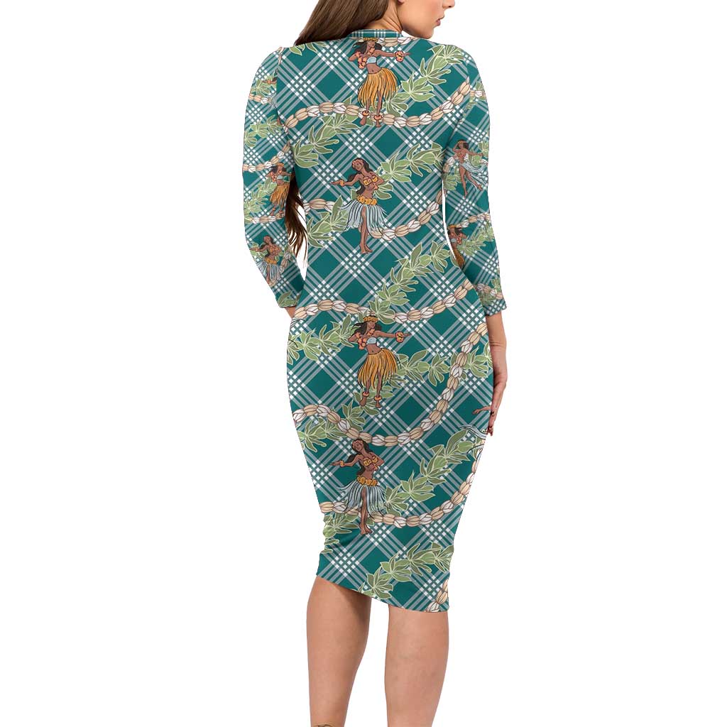 Teal Palaka Hula Girls Seamless Hawaii Aloha Family Matching Long Sleeve Bodycon Dress and Hawaiian Shirt LT7 - Polynesian Pride