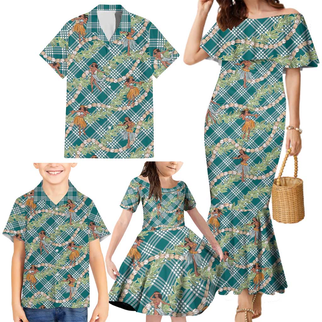 Teal Palaka Hula Girls Seamless Hawaii Aloha Family Matching Mermaid Dress and Hawaiian Shirt LT7 - Polynesian Pride