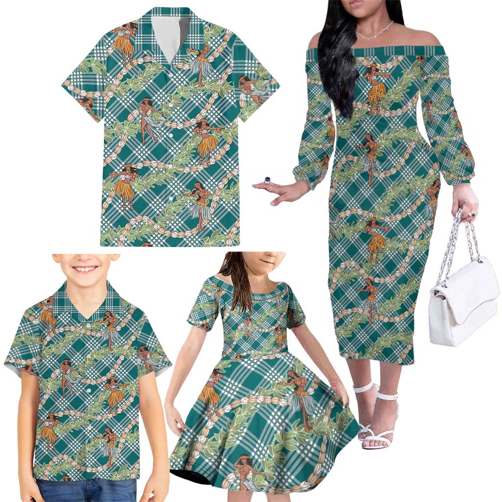 Teal Palaka Hula Girls Seamless Hawaii Aloha Family Matching Off The Shoulder Long Sleeve Dress and Hawaiian Shirt LT7 - Polynesian Pride