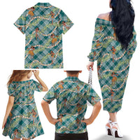 Teal Palaka Hula Girls Seamless Hawaii Aloha Family Matching Off The Shoulder Long Sleeve Dress and Hawaiian Shirt LT7 - Polynesian Pride