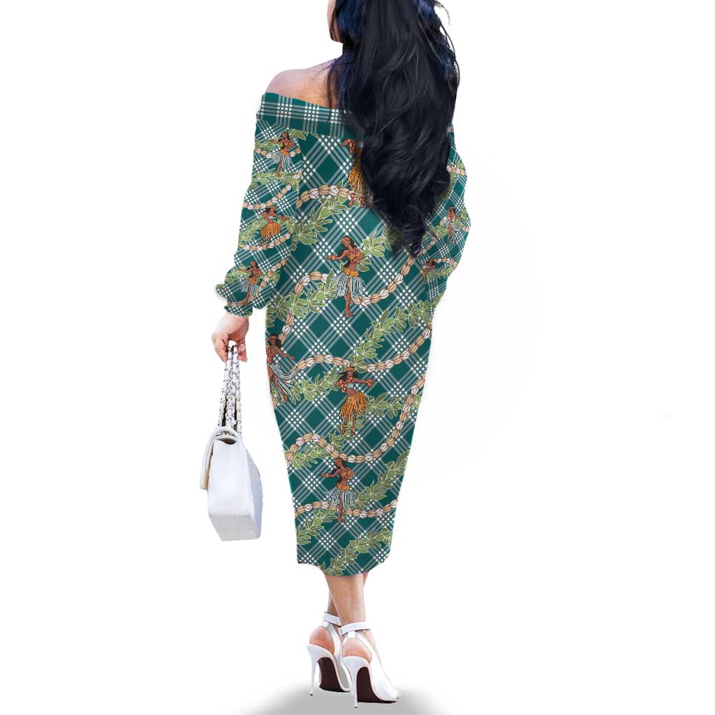 Teal Palaka Hula Girls Seamless Hawaii Aloha Family Matching Off The Shoulder Long Sleeve Dress and Hawaiian Shirt LT7 - Polynesian Pride