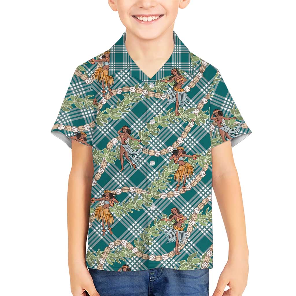 Teal Palaka Hula Girls Seamless Hawaii Aloha Family Matching Off The Shoulder Long Sleeve Dress and Hawaiian Shirt LT7 Son's Shirt Teal - Polynesian Pride