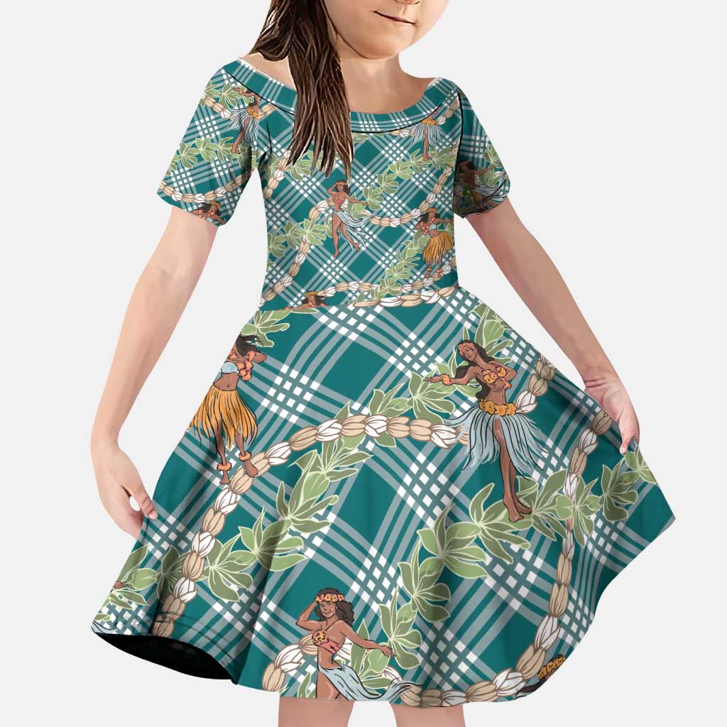 Teal Palaka Hula Girls Seamless Hawaii Aloha Family Matching Off Shoulder Maxi Dress and Hawaiian Shirt LT7 Daughter's Dress Teal - Polynesian Pride