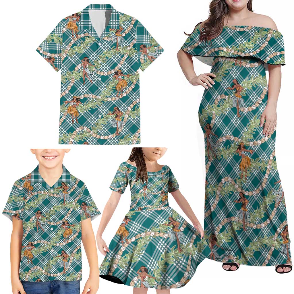 Teal Palaka Hula Girls Seamless Hawaii Aloha Family Matching Off Shoulder Maxi Dress and Hawaiian Shirt LT7 - Polynesian Pride