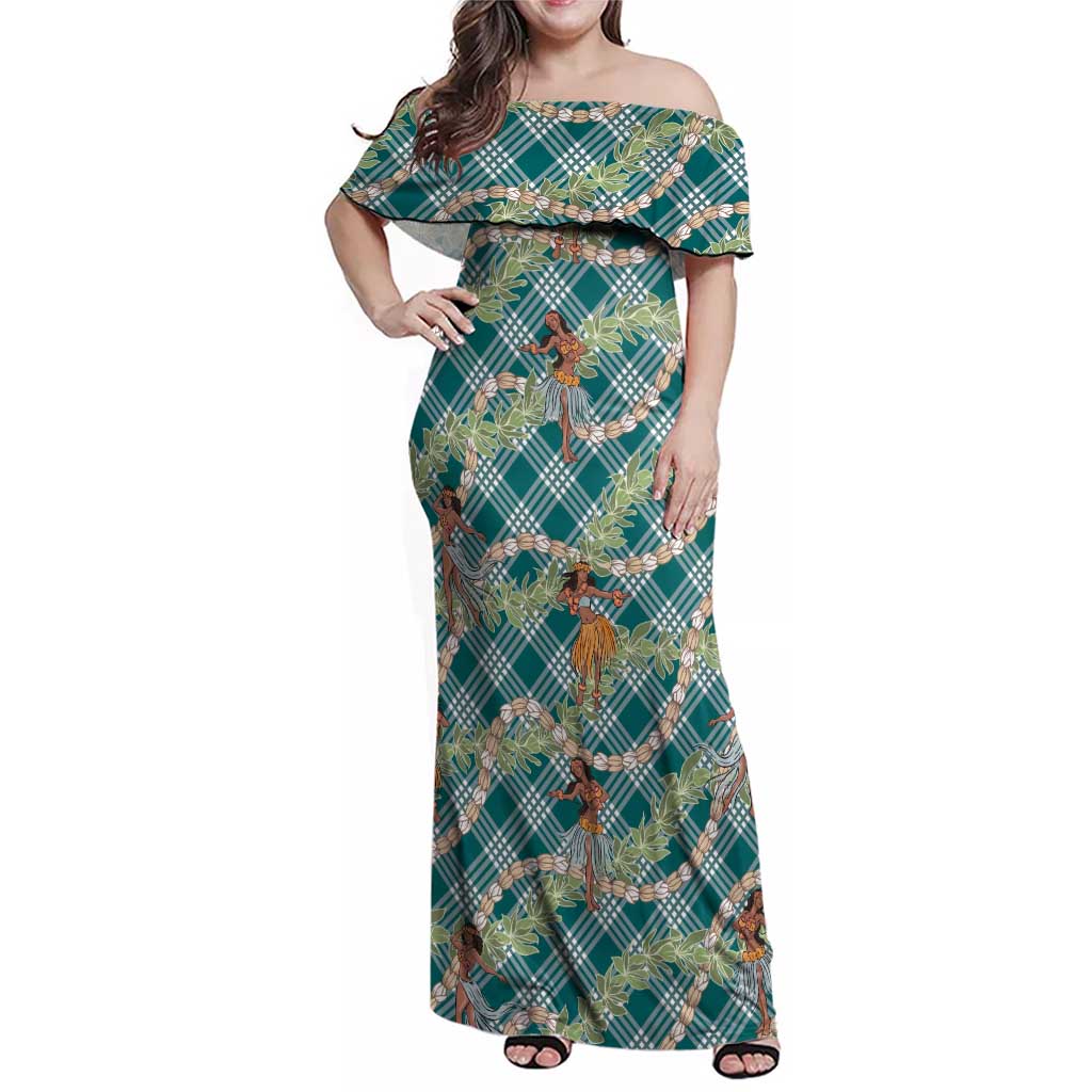 Teal Palaka Hula Girls Seamless Hawaii Aloha Family Matching Off Shoulder Maxi Dress and Hawaiian Shirt LT7 Mom's Dress Teal - Polynesian Pride