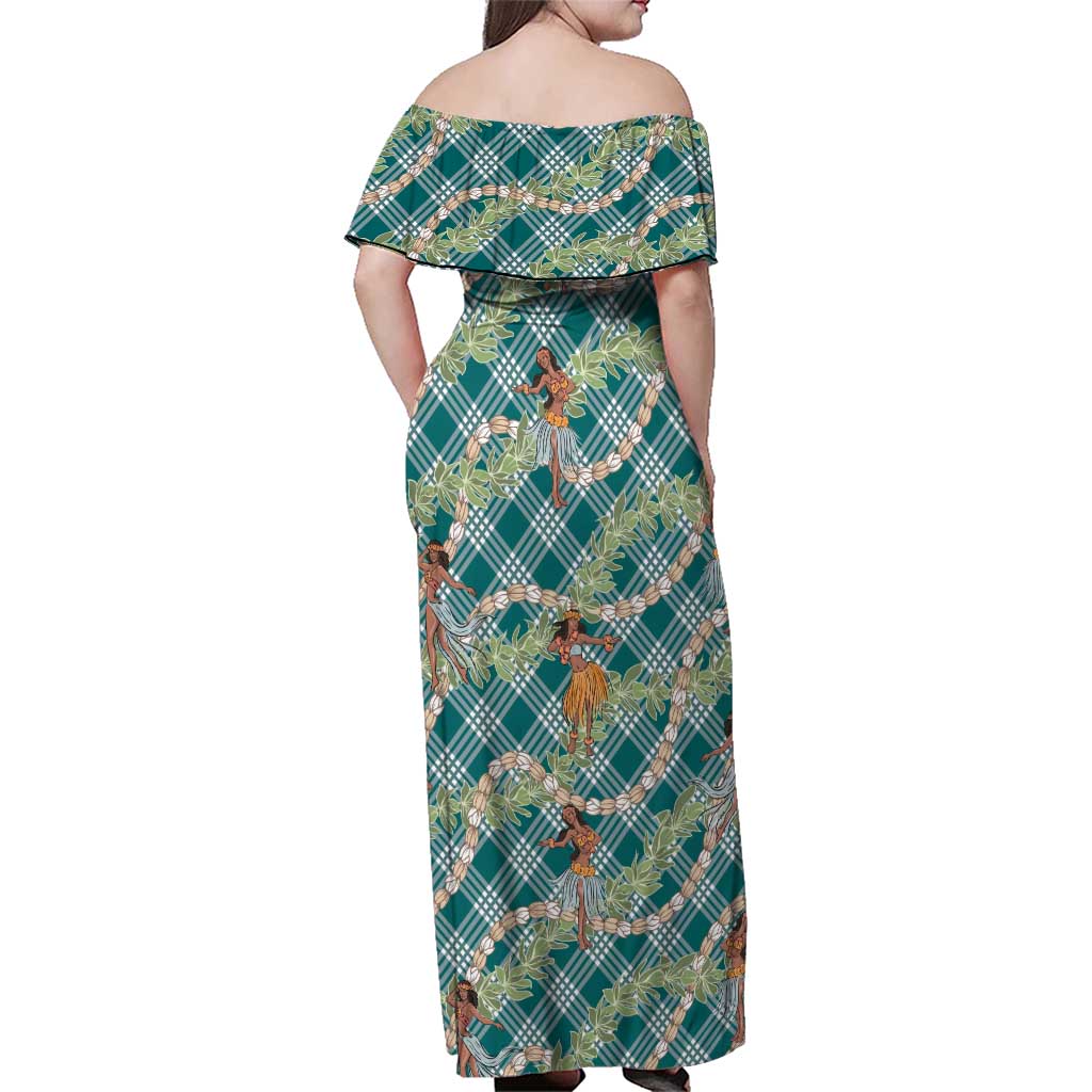 Teal Palaka Hula Girls Seamless Hawaii Aloha Family Matching Off Shoulder Maxi Dress and Hawaiian Shirt LT7 - Polynesian Pride