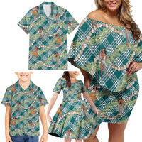 Teal Palaka Hula Girls Seamless Hawaii Aloha Family Matching Off Shoulder Short Dress and Hawaiian Shirt LT7 - Polynesian Pride