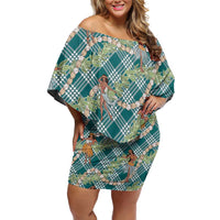 Teal Palaka Hula Girls Seamless Hawaii Aloha Family Matching Off Shoulder Short Dress and Hawaiian Shirt LT7 Mom's Dress Teal - Polynesian Pride
