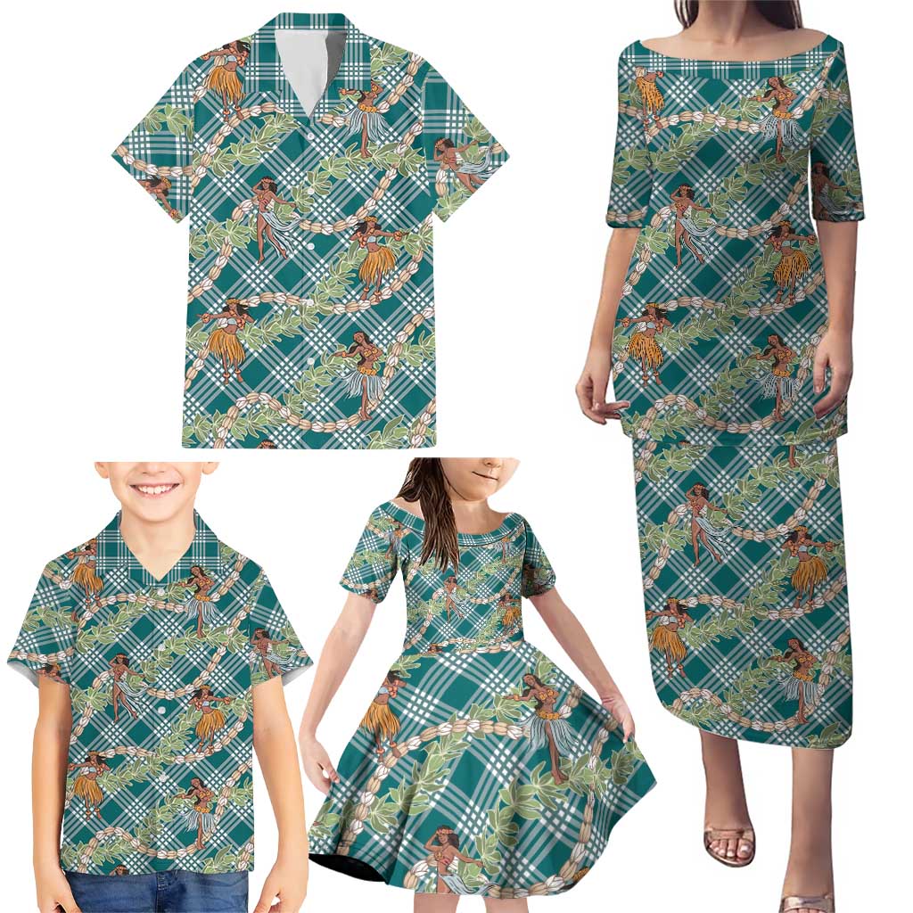 Teal Palaka Hula Girls Seamless Hawaii Aloha Family Matching Puletasi and Hawaiian Shirt LT7 - Polynesian Pride