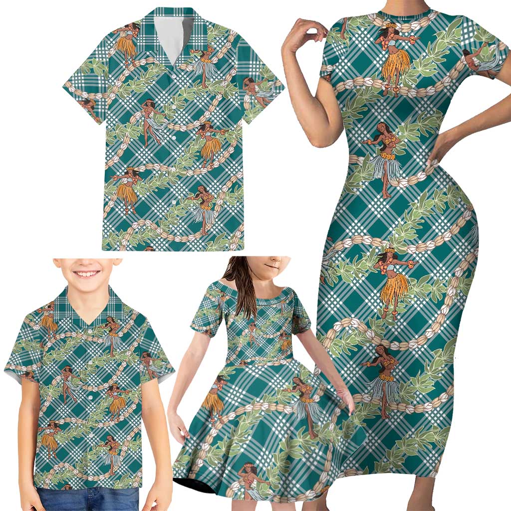 Teal Palaka Hula Girls Seamless Hawaii Aloha Family Matching Short Sleeve Bodycon Dress and Hawaiian Shirt LT7 - Polynesian Pride